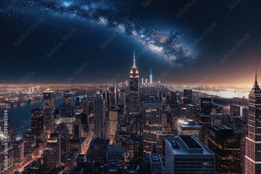 Fototapeta premium Luminescent City Skyline: A Breathtaking 3D Digital Landscape with Intricate Urban Patterns and Starry Night