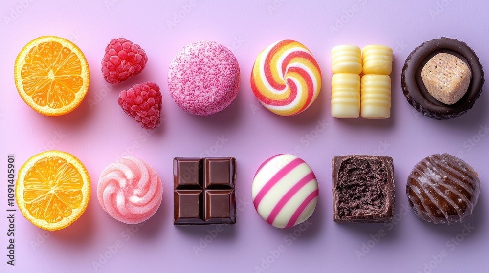 Obraz premium Colorful Array of Delicious Confectionery Treats Including Candies, Chocolates, and Fresh Fruits on a Light Purple Surface for Sweet Inspiration