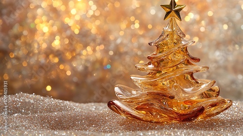 Glass Christmas tree adorned with a shimmering gold star set against a festive glittery background