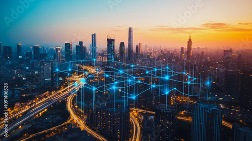 Wallpaper Mural Smart digital Innovation Business skyscrapers in the Financial District with connection network reciprocity over the cityscape. of future smart wireless digital city and social media networking

 Torontodigital.ca