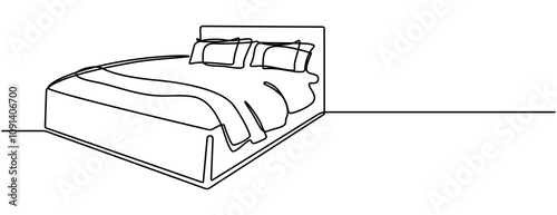 Bed in continuous line art drawing style. Double-size bed with bedding. Home furniture black linear design isolated on white background. Vector illustration, Continuous one line drawing of double bed.