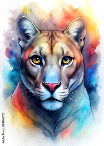 High quality, Watercolor, powerful colorful Cougar face