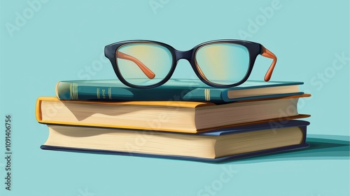 Stylish Glasses Resting on a Stack of Colorful Books with a Soft Blue Background Ideal for Education, Learning, and Literary Themes