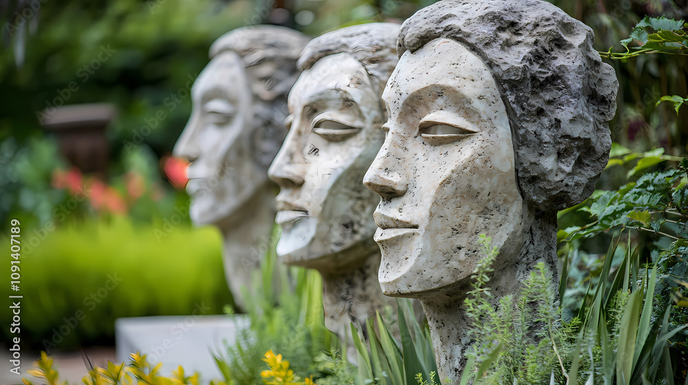 Obraz premium Stone sculptures in a garden setting. Marble Sculpture Garden. Illustration
