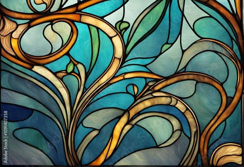 An art nouveau inspired stained glass background with flowing organic lines, AI Generated