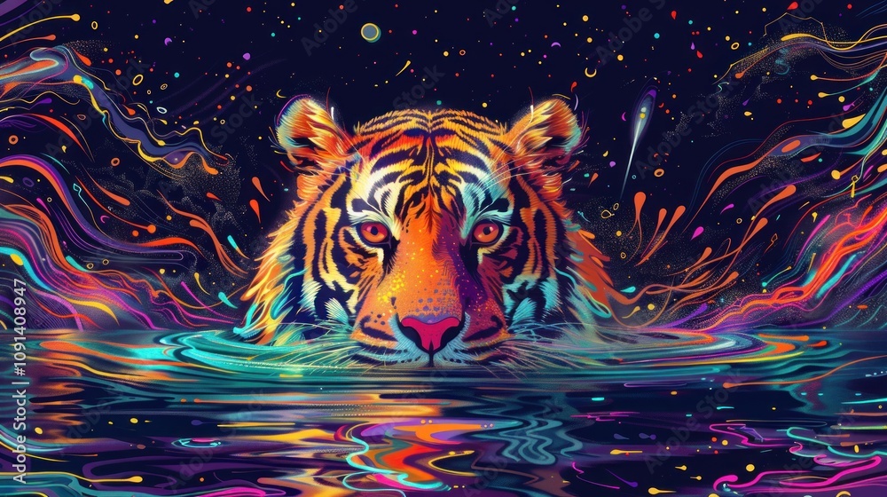 Obraz premium Psychedelic Tiger Swimming in Cosmic Water.