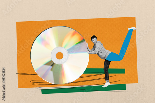 Composite trend artwork 3D sketch image photo collage of computer technology data digital kilobyte young man pull push memory dvd disk photo