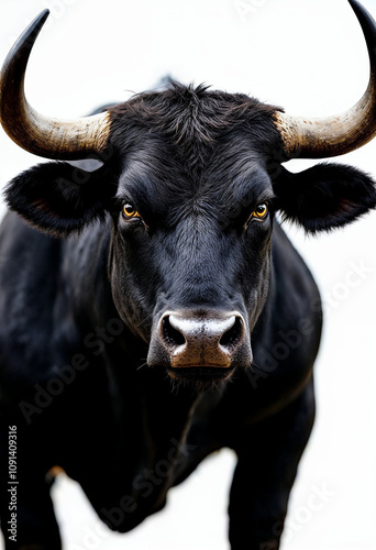 Close-up portrait of an angry black bull with intense eyes, emphasizing its power and strength.

 photo