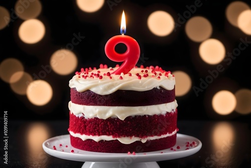 9th birthday cake with whipped cream and number 9 candle, isolated on dark background with bokeh lights