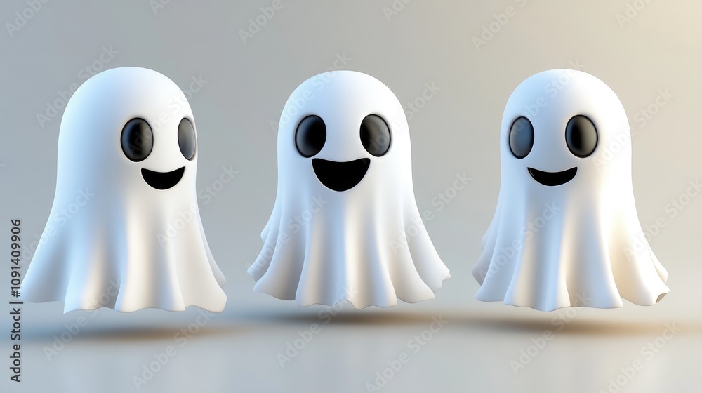 Charming 3D cartoon ghost trio with expressive faces, featuring large black eyes and cheerful smiles, perfect for Halloween-themed designs and festive decorations. Charming 3D cartoon ghost trio with expressive faces, featuring large black eyes and cheerful smiles, perfect for Halloween-themed designs and festive decorations.