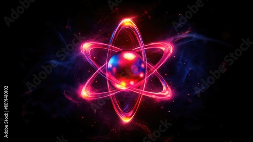Wallpaper Mural Colorful Atomic Structure Illustration with Central Nucleus Surrounded by Orbiting Electrons, Featuring Vibrant Energy Effects and Luminous Paths Representing Protons and Neutrons Torontodigital.ca