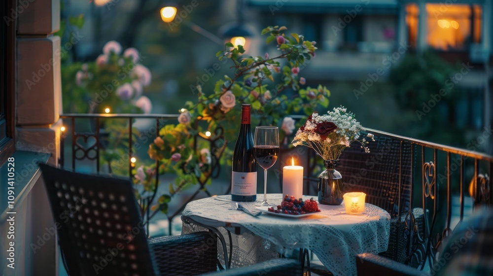 Obraz premium Scenic Balcony Dinner Setup with Candlelit Table