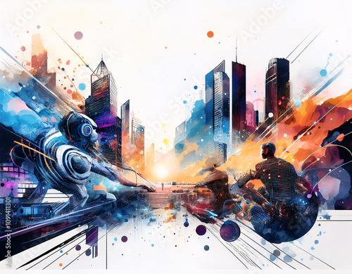 An abstract digital art piece depicting a futuristic cityscape with people interacting with technology