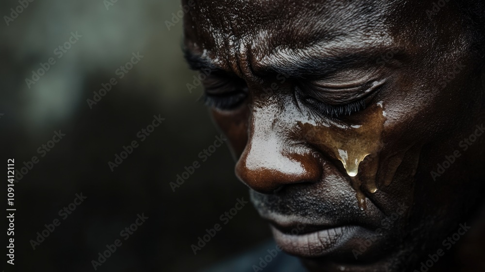 Fototapeta premium Emotional portrait of a distressed man expressing deep sorrow, highlighting the raw human experience of pain and vulnerability captured in a moment of solitude
