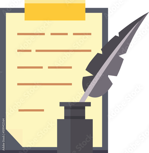 Quill pen dipped in inkwell is near a clipboard with a blank paper and yellow sticky note, suggesting creative writing, historical documents, or legal agreements