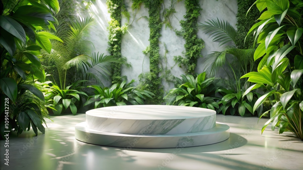 Fototapeta premium Elegant Green Plant Background with Marble Display Platform Surrounded by Lush Foliage Ideal for Natural Beauty Products and Wellness Promotion