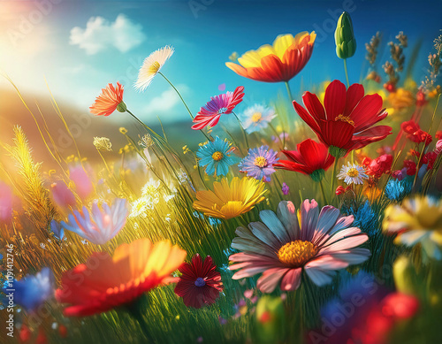 A vibrant field of colorful wildflowers basking in the bright sunlight