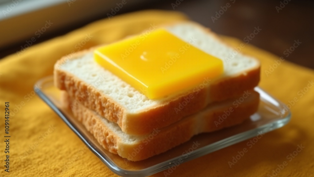 A close-up of a simple cheese sandwich with soft white bread and a slice of yellow cheese on a square glass plate. Set against a warm golden background, perfect for food themes. A close-up of a simple cheese sandwich with soft white bread and a slice of yellow cheese on a square glass plate. Set against a warm golden background, perfect for food themes.