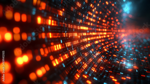 Wallpaper Mural Abstract digital tunnel with glowing orange and blue lights creating depth Torontodigital.ca