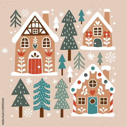 Cute Christmas gingerbread houses and snowy pine trees. Hand drawn Scandinavian Christmas vector clipart. Perfect for tee shirt logo, greeting card, poster or nursery print design. EPS10 vector file.
