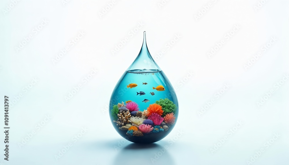 Fototapeta premium A vibrant coral reef scene contained within a water droplet, with colorful fish, coral, and sea plants. The droplet floats on a white background, representing the importance of water ecosystems.