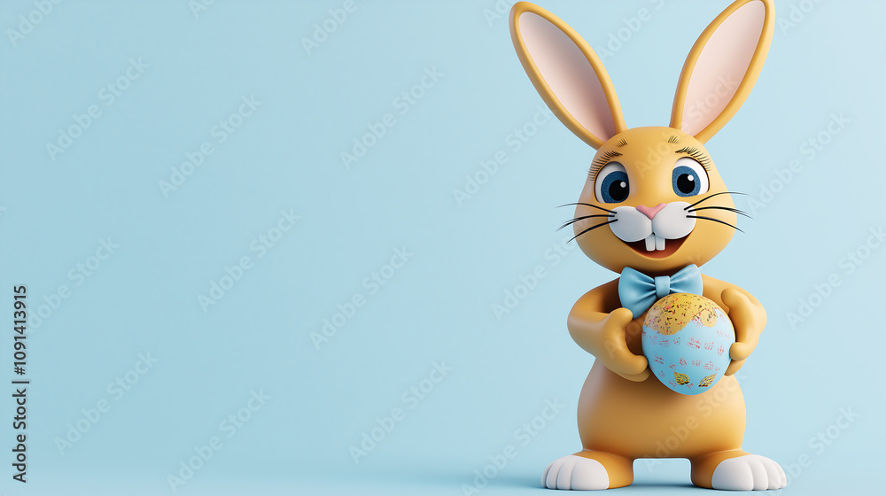 Obraz premium 3d render bunny holding easter egg blue background ample copy space, generative ai