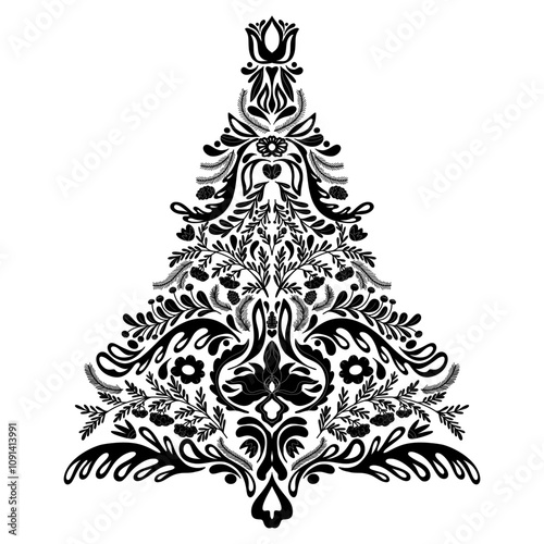 Intricate floral Christmas tree silhouette elegant black and white decorative design. Vector folk art element