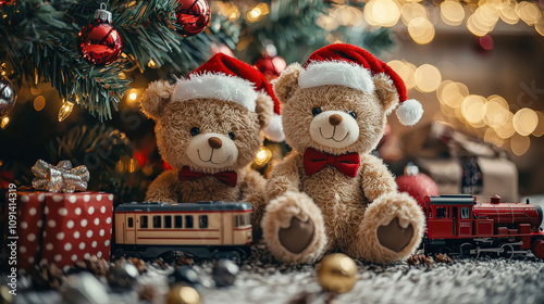 Teddy bears in Christmas hats sitting under a beautifully decorated Christmas tree, surrounded by toy trains and small presents, all set against a pastel-colored background.