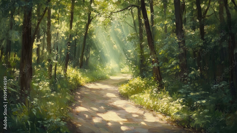 Fototapeta premium Serene forest pathway illuminated by soft sunlight filtering through lush green leaves, creating a tranquil and calming atmosphere in nature.