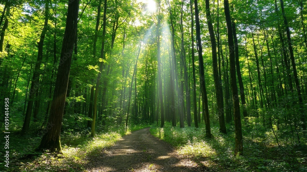 Fototapeta premium Forest Path with Sunlit Canopy