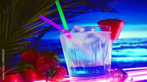 Refreshing Tropical Cocktail with Strawberries and Ice photo