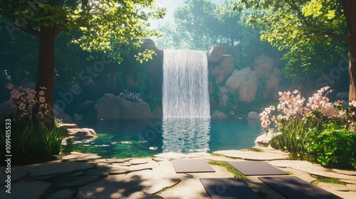 Tranquil waterfall cascading into a serene pond surrounded by lush greenery, flowers, and inviting yoga mats for meditation in a peaceful forest setting.