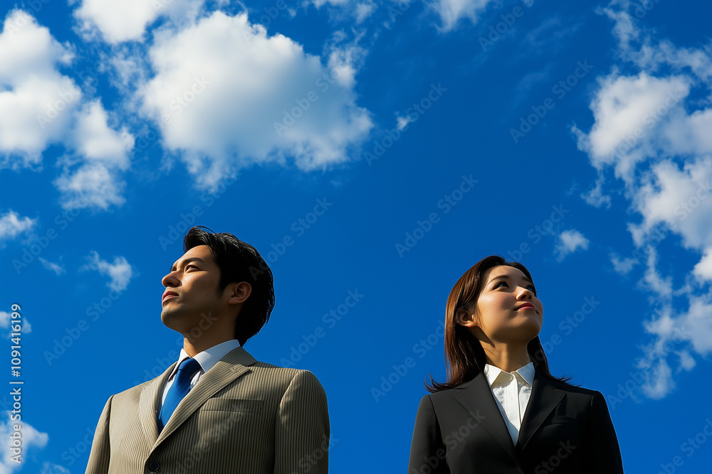© keisuke - 青空を見上げる男女のビジネスマン © keisuke - 青空を見上げる男女のビジネスマン