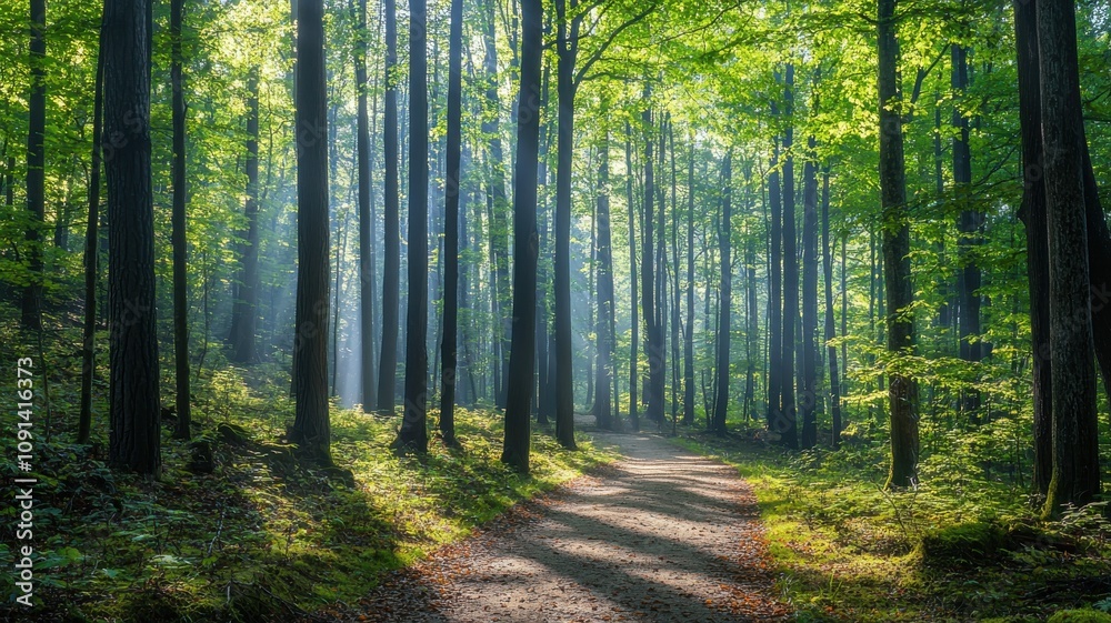 Obraz premium Forest Path with Sunlit Canopy