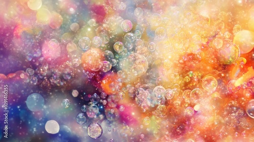 Colorful iridescent bubbles float amid a soft, dreamy bokeh background, creating a whimsical, playful atmosphere filled with enchanting hues.