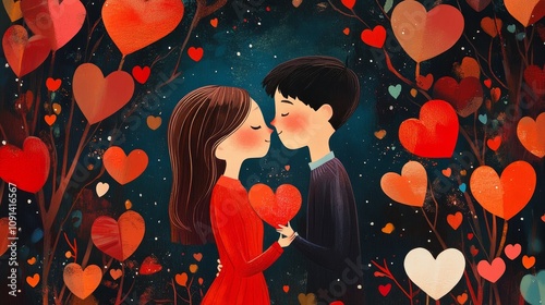 Valentines Day Couple Kissing Amidst Hearts - Romantic Valentine's Day illustration, couple kissing, surrounded by hearts, love, affection, romance. photo