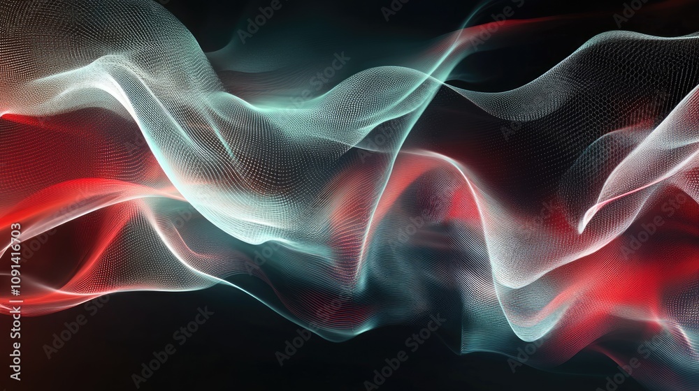 Fototapeta premium Futuristic abstract background showcasing flowing waves of dynamic technology particles in vibrant red and blue tones, symbolizing continuous technological evolution.