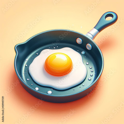 3D rendering of a cartoon-style fried egg in a pan
