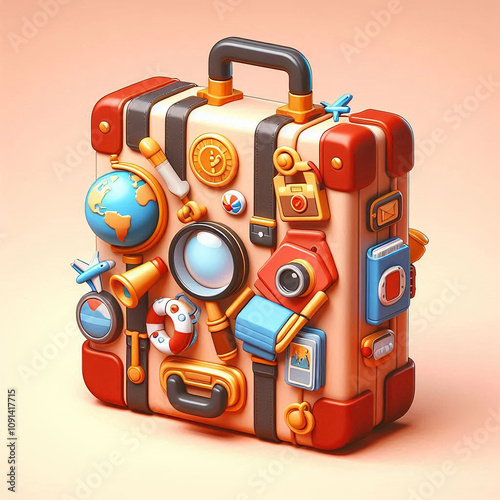 3D representation of cartoon-style luggage with a trip theme