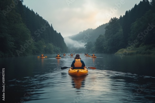 Wallpaper Mural A serene kayaking journey as a group paddles along a calm, reflective river surrounded by lush forested hills. Torontodigital.ca