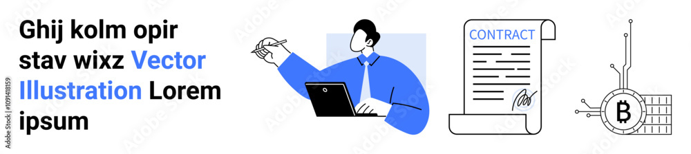 Businessman using laptop, signing contract with bitcoin, API integrations. Ideal for financial services, blockchain technology, smart contracts, cryptocurrency platforms, digital transactions Businessman using laptop, signing contract with bitcoin, API integrations. Ideal for financial services, blockchain technology, smart contracts, cryptocurrency platforms, digital transactions