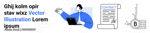 Businessman using laptop, signing contract with bitcoin, API integrations. Ideal for financial services, blockchain technology, smart contracts, cryptocurrency platforms, digital transactions