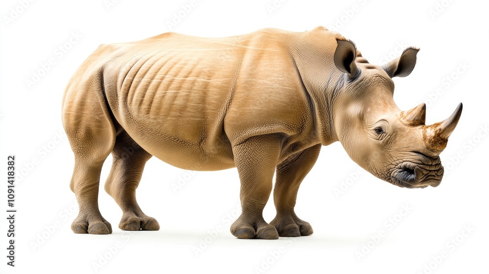 Fototapeta premium Realistic depiction of a white rhinoceros standing on a plain white background, showcasing its textured skin and characteristic features.