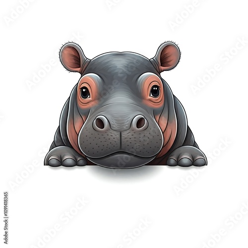 Adorable Hippo Peek: A charming illustration of a hippopotamus peeking over a blank surface, perfect for children's books, cards, or websites.  The cute and friendly design is sure to delight. photo