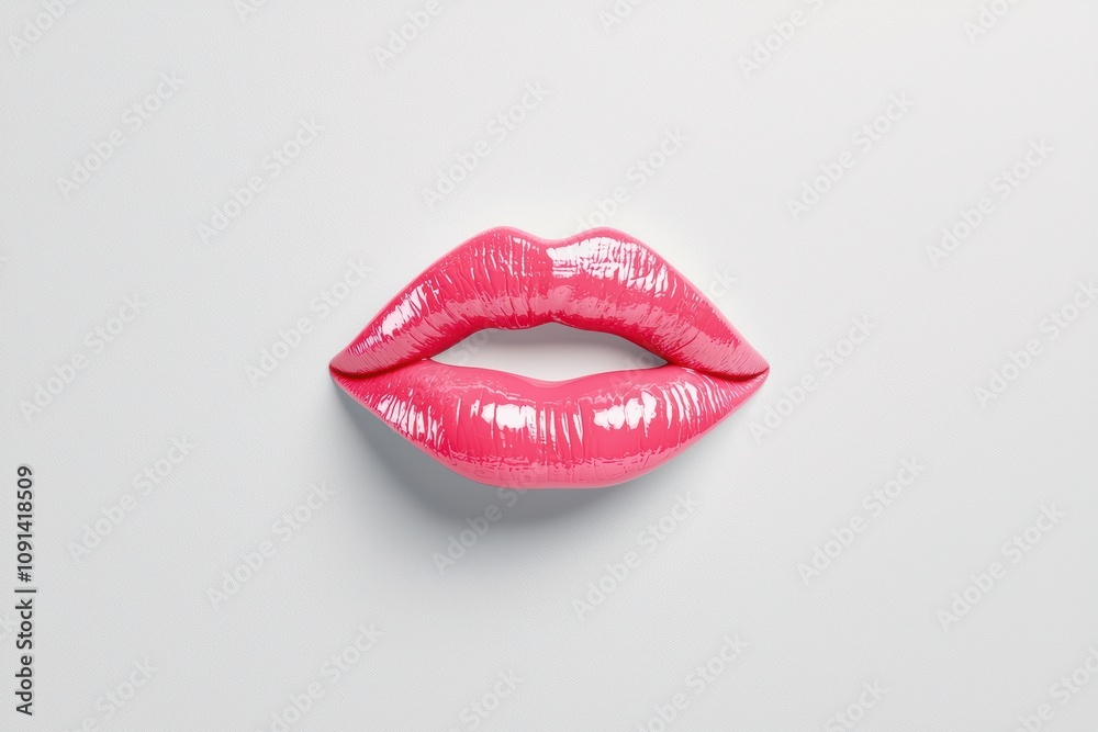 Obraz premium A vibrant pink pair of glossy lips against a minimalist white background, showcasing a striking and playful aesthetic.