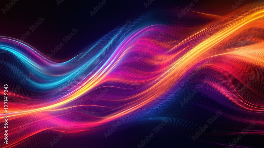 Fototapeta premium Colorful abstract background showcasing vibrant, flowing wavy lines in hues of blue, pink, orange, and purple against a dark backdrop, creating a dynamic and energetic visual effect.