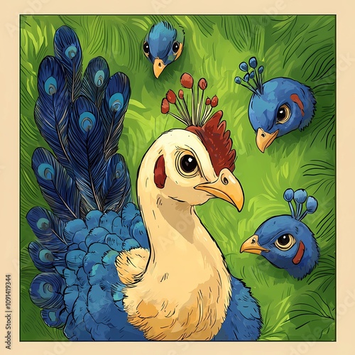 Humorous illustration of pets. Peacock