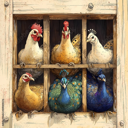 Humorous illustration of pets. Peacock and Chickens