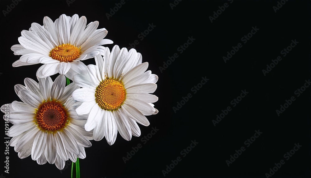 Obraz premium two daisy flower heads isolated on black background with copy space