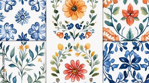 Watercolor Floral Majolica Tile Patterns - Vibrant watercolor illustration of decorative majolica tiles featuring floral patterns, botanical designs, and intricate details. Perfect for home decor, tex photo